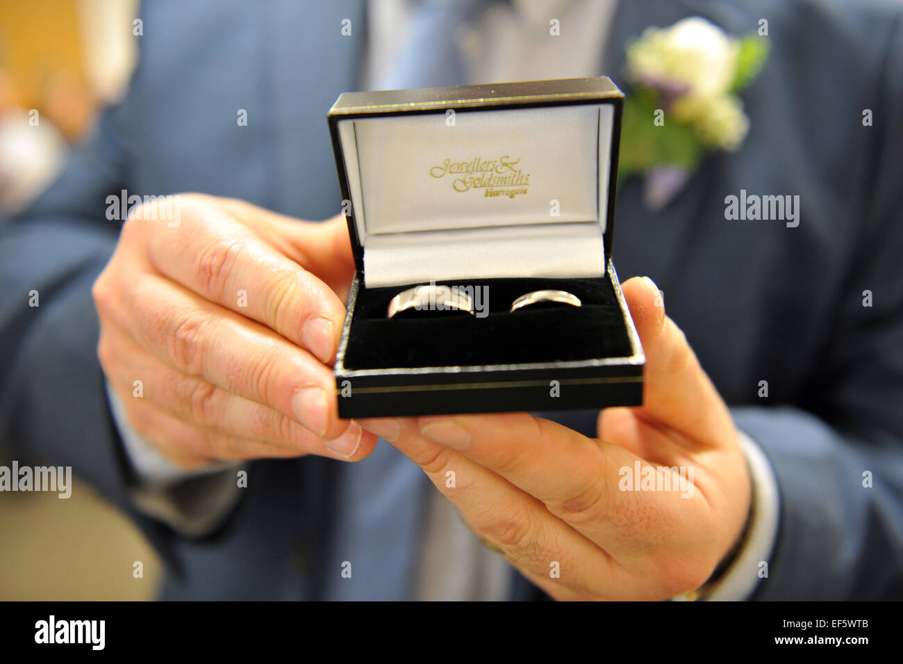 Close up di anelli di nozze prima di un matrimonio . Foto Stock