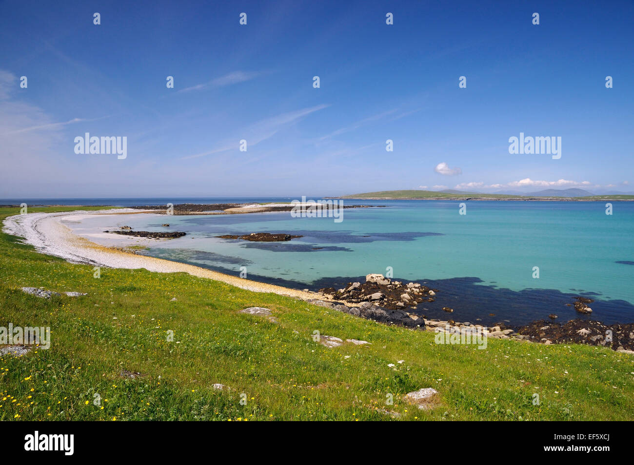 Eilean Mhorain & Boreray Isola, Machair Leathann, North Uist, Ebridi Esterne Foto Stock