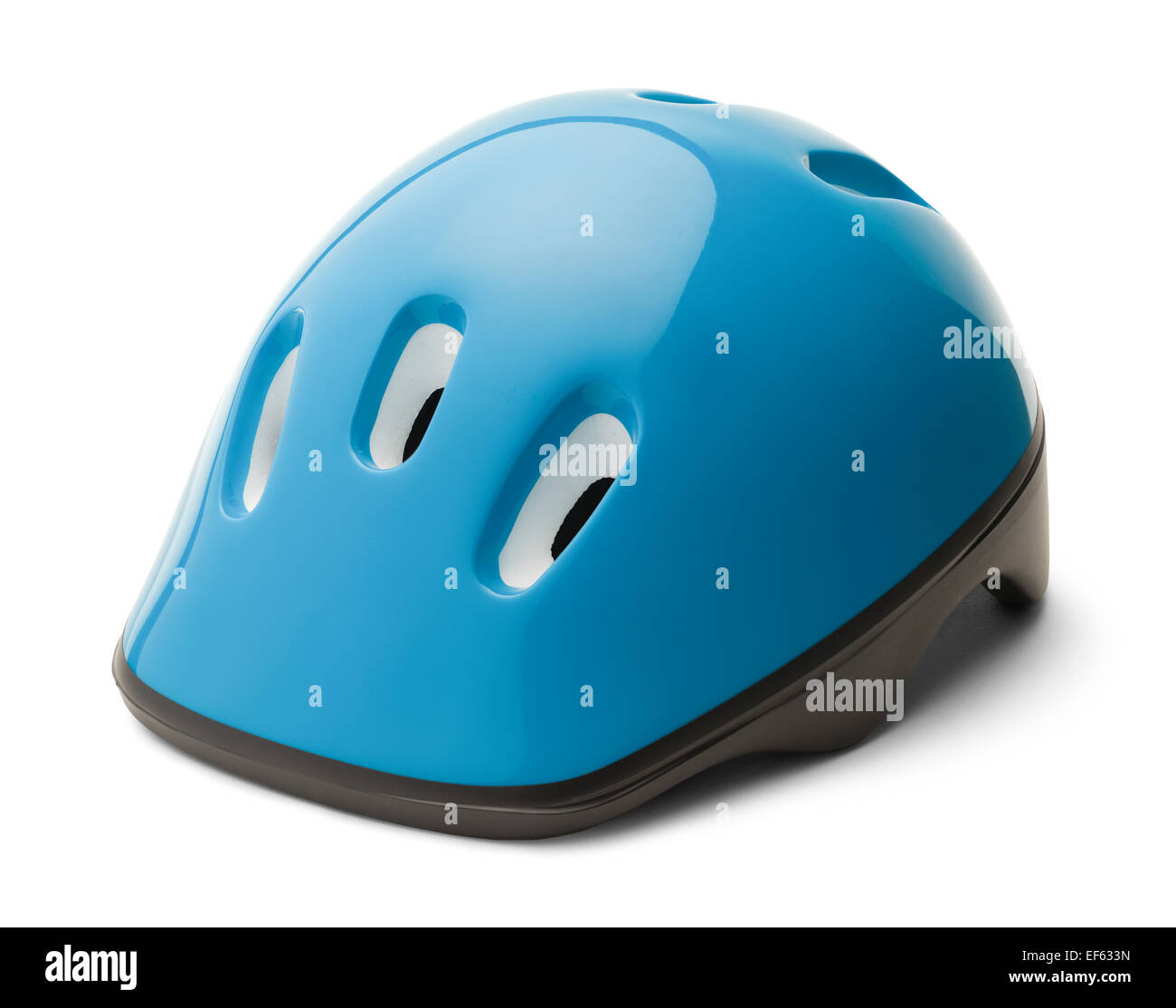Plastica blu casco bici isolati su sfondo bianco. Foto Stock