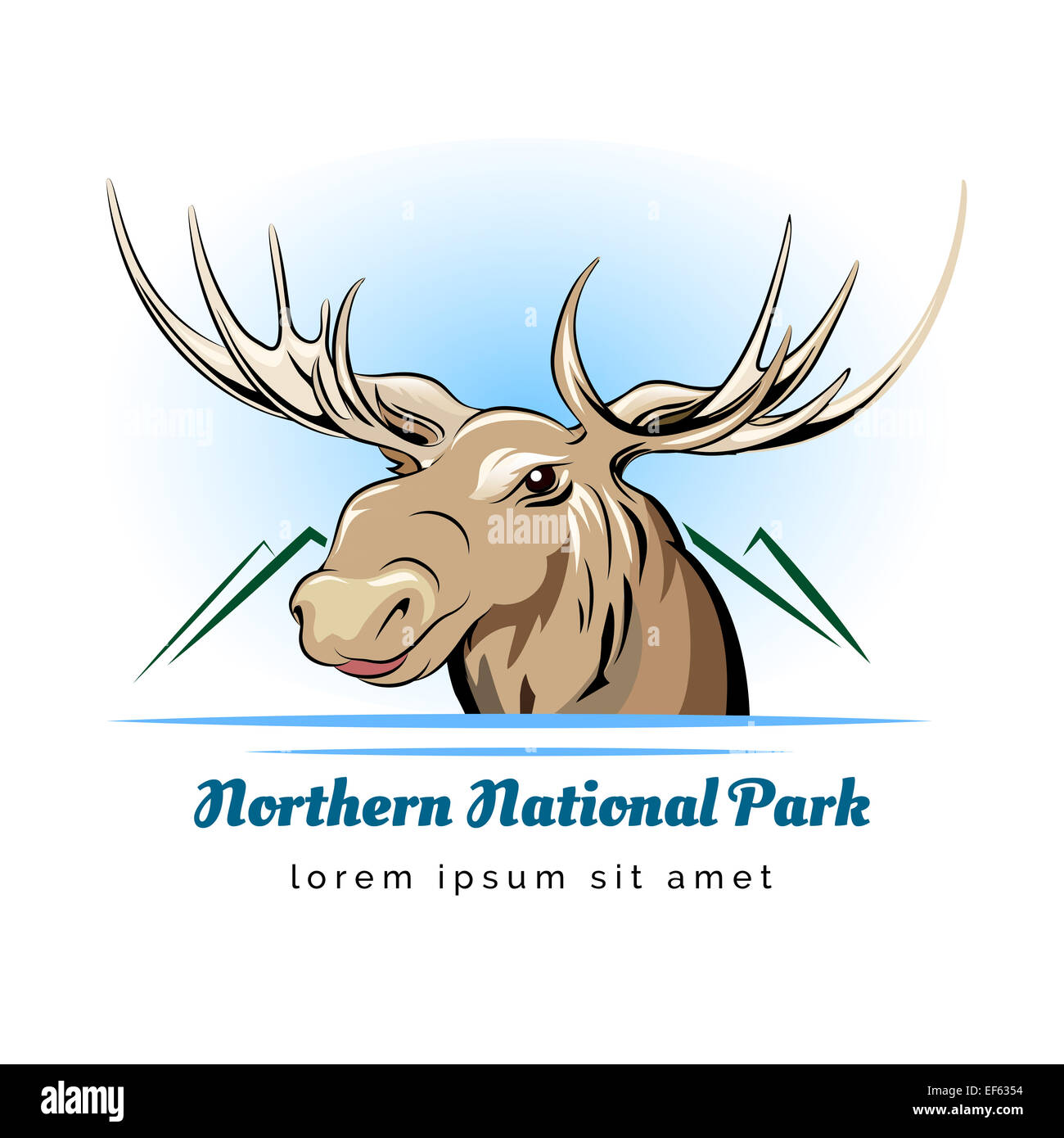 Parco nazionale di logo o emblema con testa di alce. Isolato su bianco. Foto Stock
