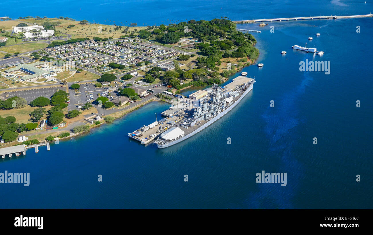 La USS Missouri e USS Arizona, Pearl Harbor, Oahu, Hawaii Foto Stock