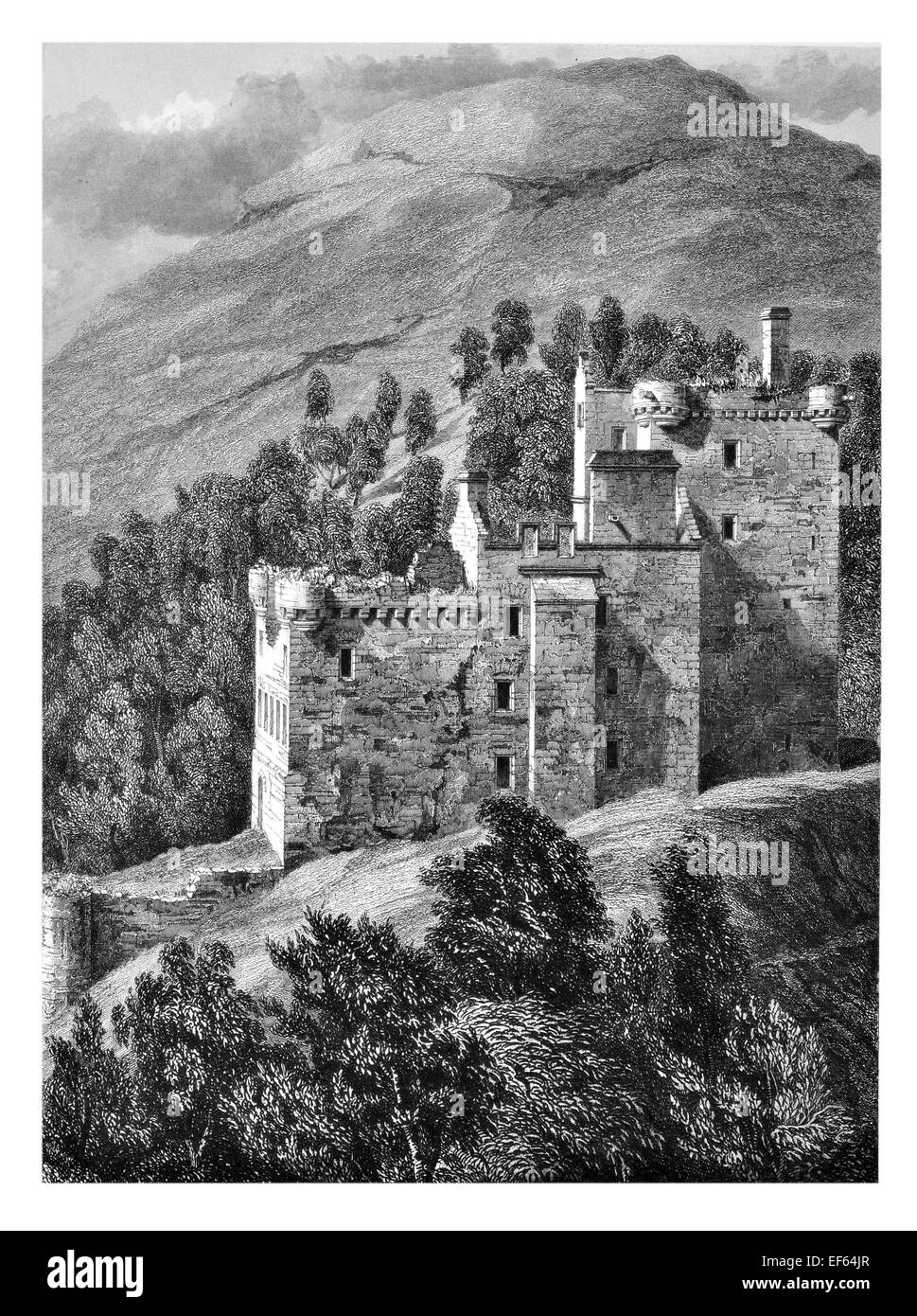 1852 Castello medievale Campbell Gloom Dollar Glen Clackmannanshire Scozia Scotland Foto Stock