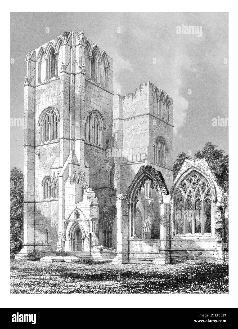 1852 Elgin Eilginn Ailgin cattedrale della città di Royal Burgh Moray rovina la Santa Trinità torre occidentale del lato sud Foto Stock