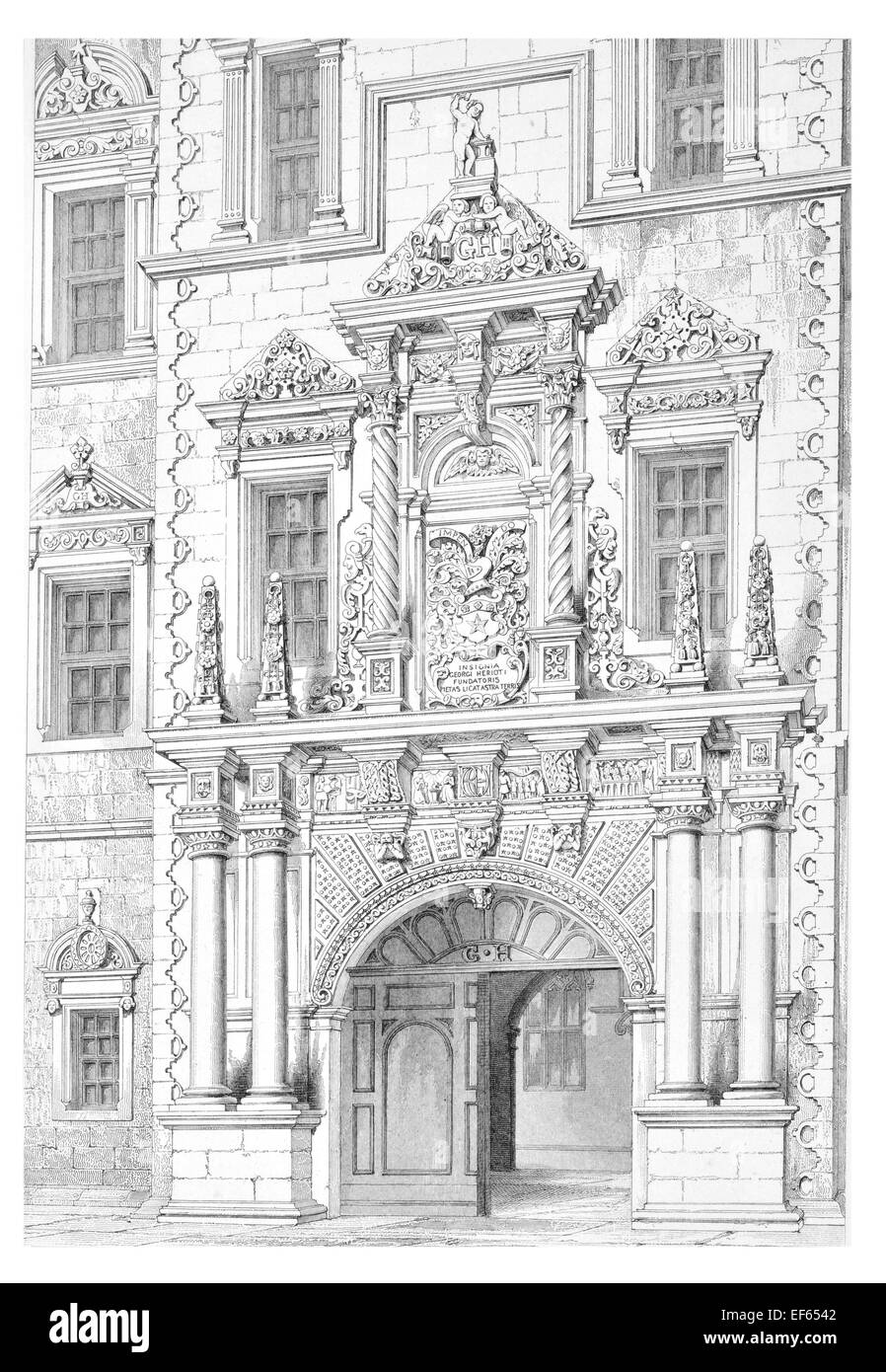 1852 portale di ingresso a un quadrangolo George Heriot's Hospital primari indipendenti Scuola secondaria Città Vecchia Edimburgo Foto Stock