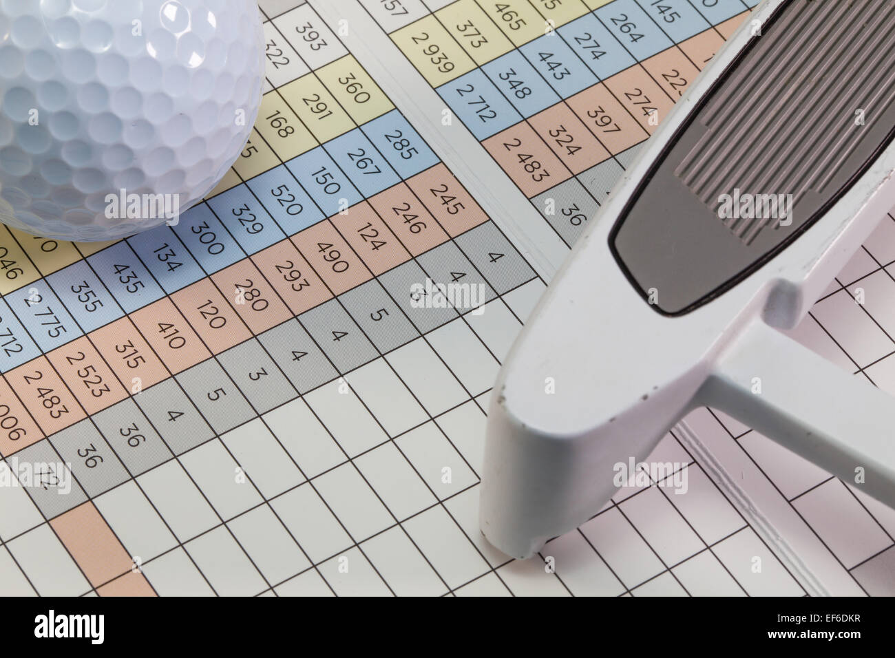 Golf putter e altre attrezzature giacenti su un golf score card Foto Stock