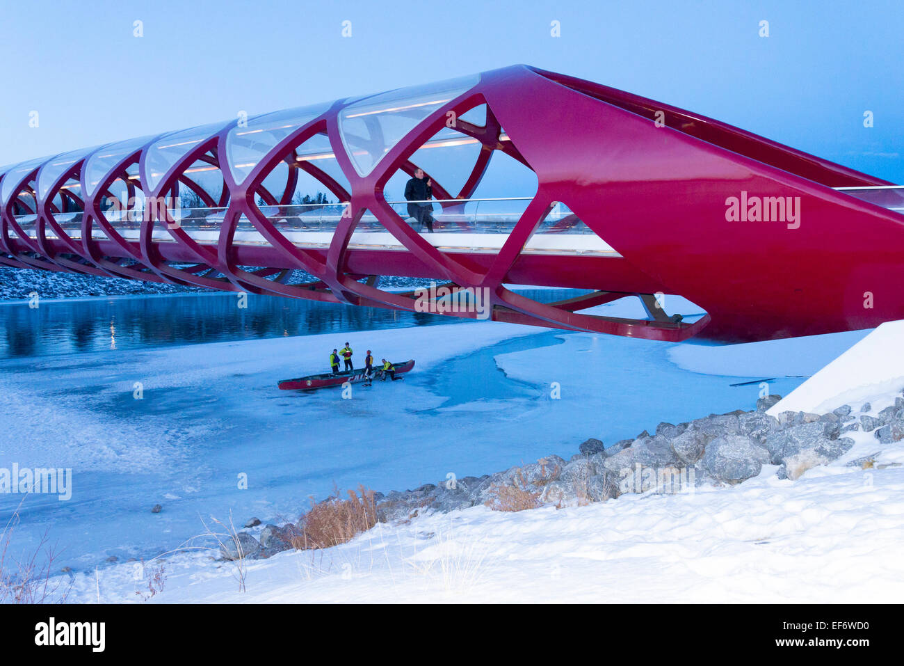 Il ponte di pace in inverno oltre il congelato il Fiume Bow, Calgary, Alberta, Canada Foto Stock