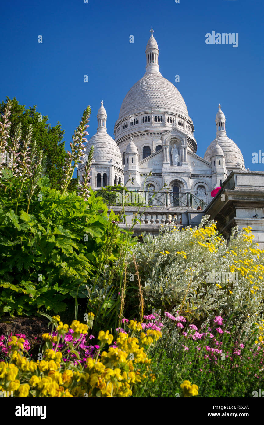 Fiori nel giardino sottostante Basilique du Sacre Coeur, Montmartre, Parigi, Francia Foto Stock