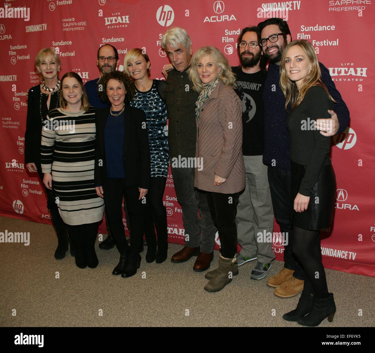 Park City, UT, STATI UNITI D'AMERICA. 27 gennaio, 2015. Caroline Lagerfelt, Rebecca verde, Rhea Perlman, Malin Akerman, Sam Elliott, Blythe Danner, Martin Starr, Brett Haley, Laura Smith presso gli arrivi per I'll vedere nei miei sogni Premiere al 2015 Sundance Film Festival, Park City, UT 27 gennaio 2015. Credito: James Atoa/Everett raccolta/Alamy Live News Foto Stock