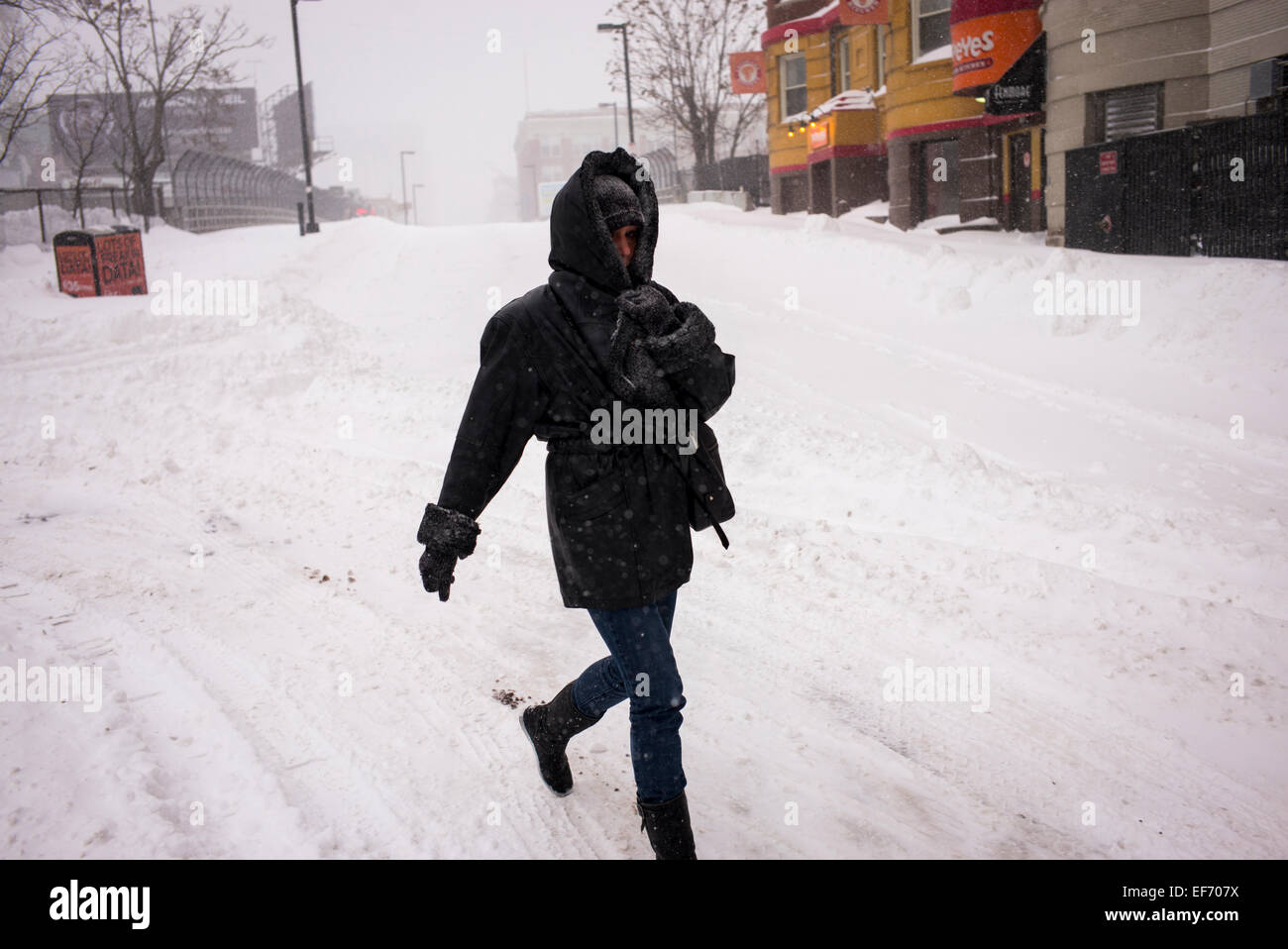 Una donna cammina vicino a Kenmore Square durante una forte tempesta di neve di Boston, Massachusetts. La città fu arrestato per un giorno. Foto Stock