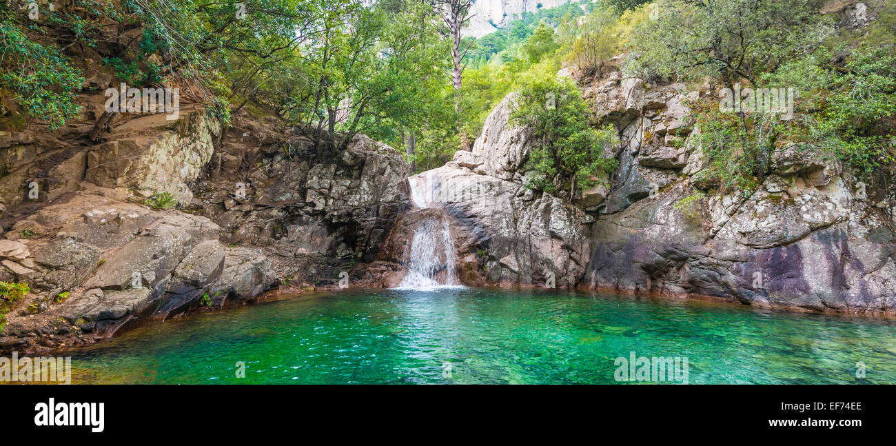 Corso superiore del fiume Solenzara, grande foro zangola con cascata nella foresta, Corsica, Francia Foto Stock