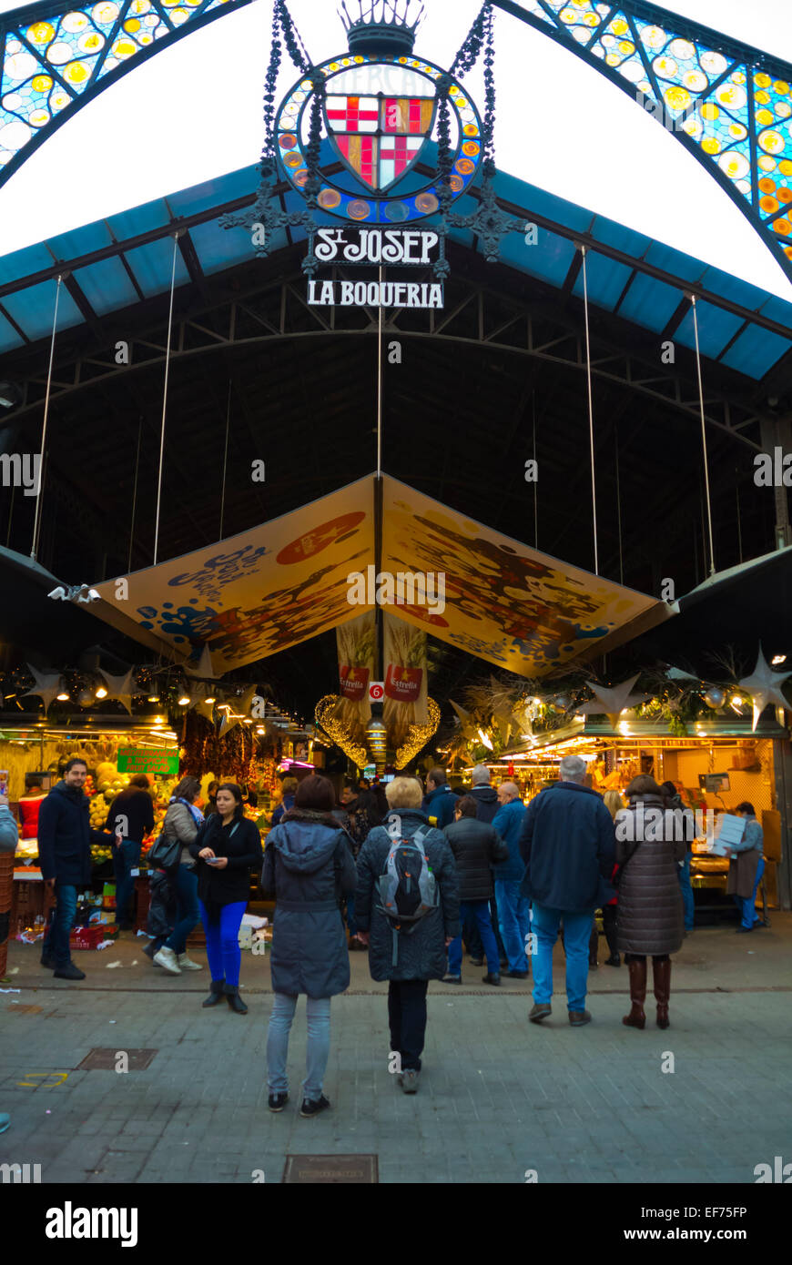 Ingresso principale dalla Ramblas, la Boqueria, il Mercat de Sant Josep, Market Hall, El Raval, Barcellona, Spagna Foto Stock