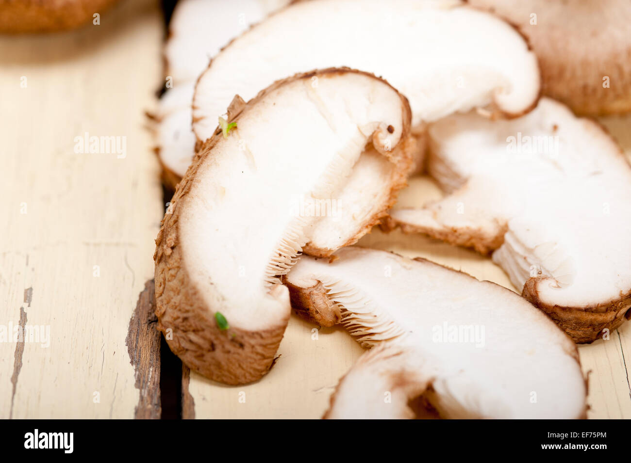 Di funghi shiitake freschi su una tavola in legno rustico Foto Stock