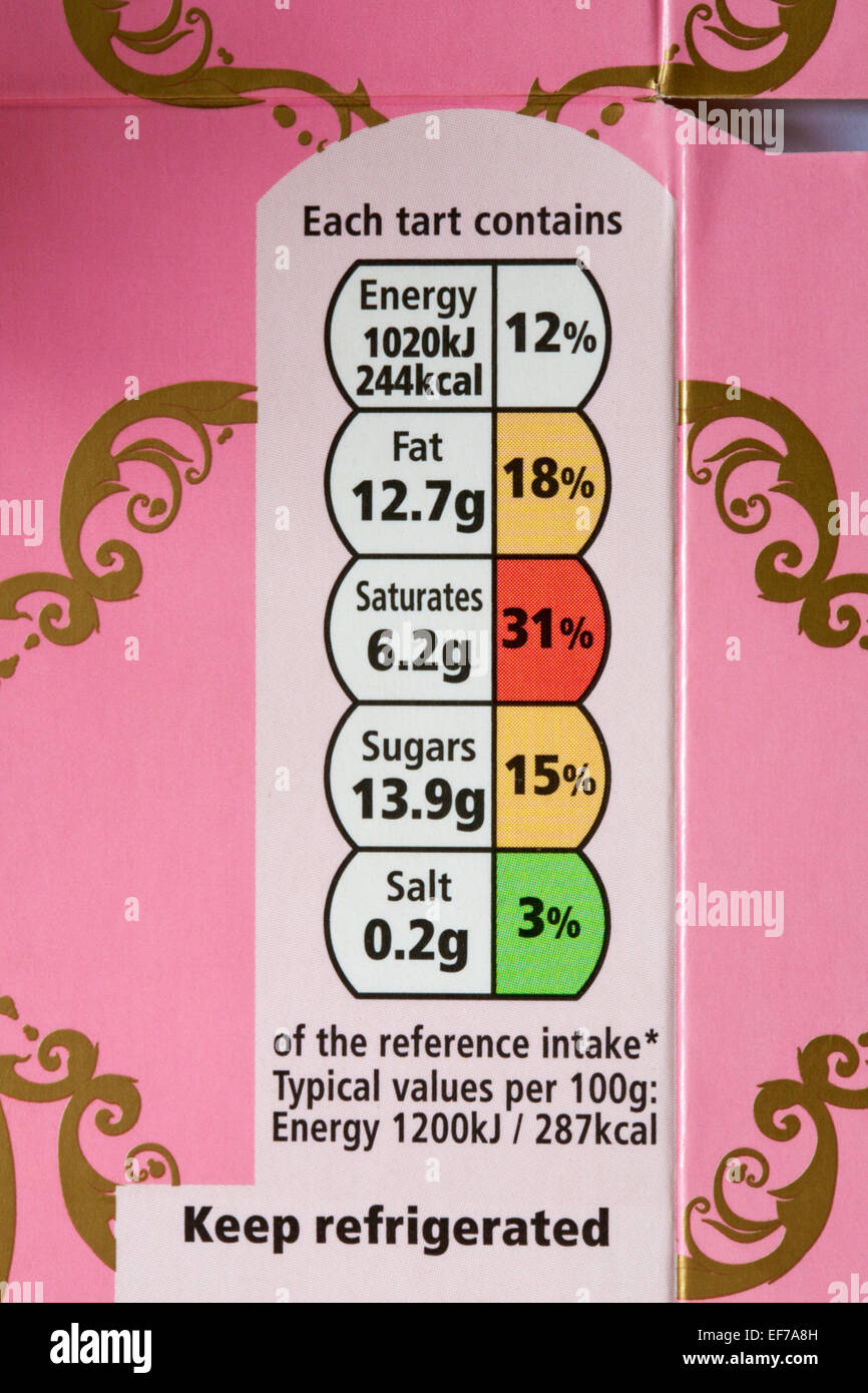 Informazioni nutrizionali semaforo di etichettatura del sistema con codice colore etichetta Tesco Fresh Strawberry & cream crema pasticcera crostate box Foto Stock