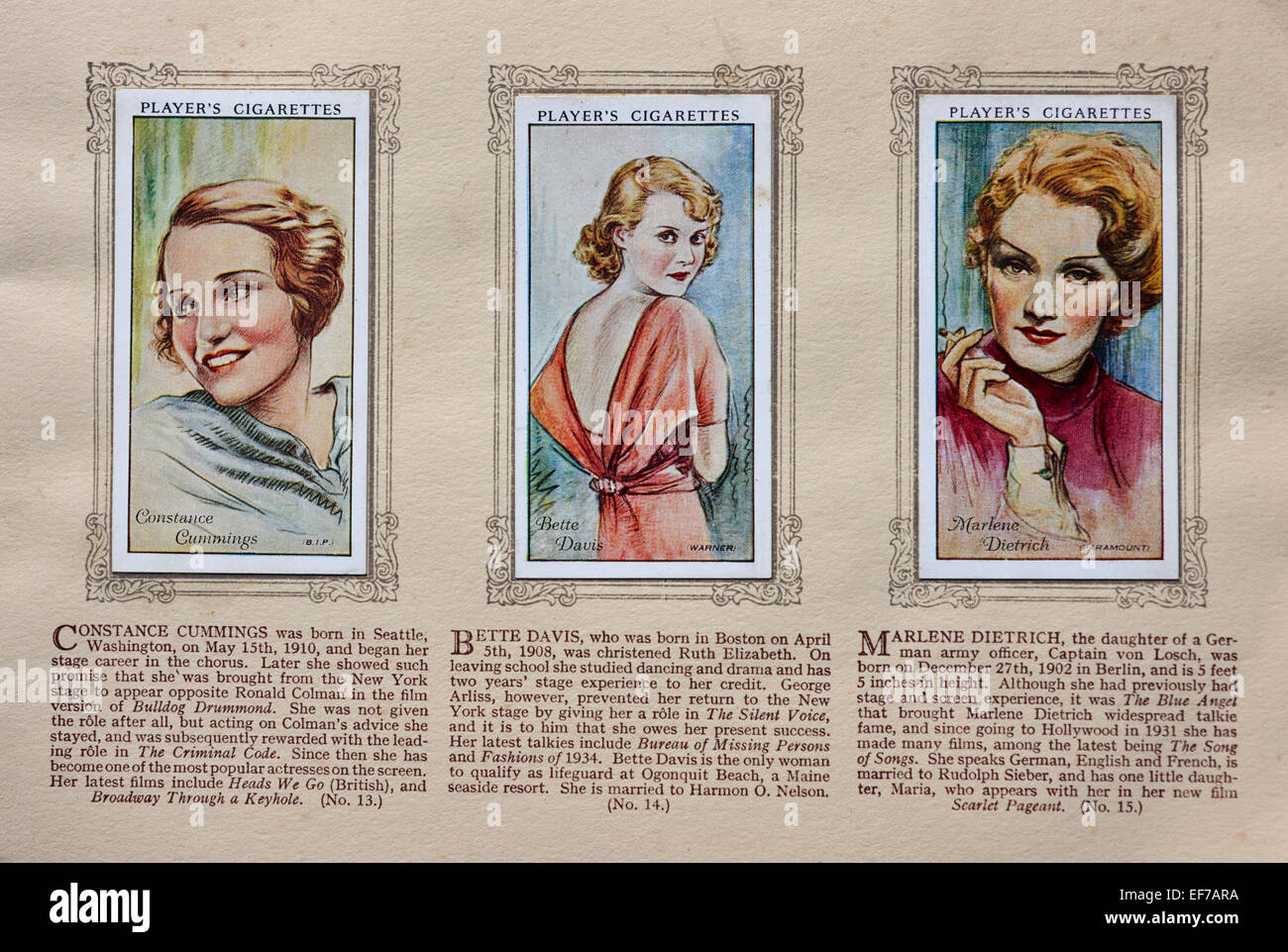 Carte di sigaretta, stelle del cinema, femmina, stelle del cinema, giocatore, BETTE DAVIS, Marlene Dietrich, CONSTANCE CUMMINGS Foto Stock
