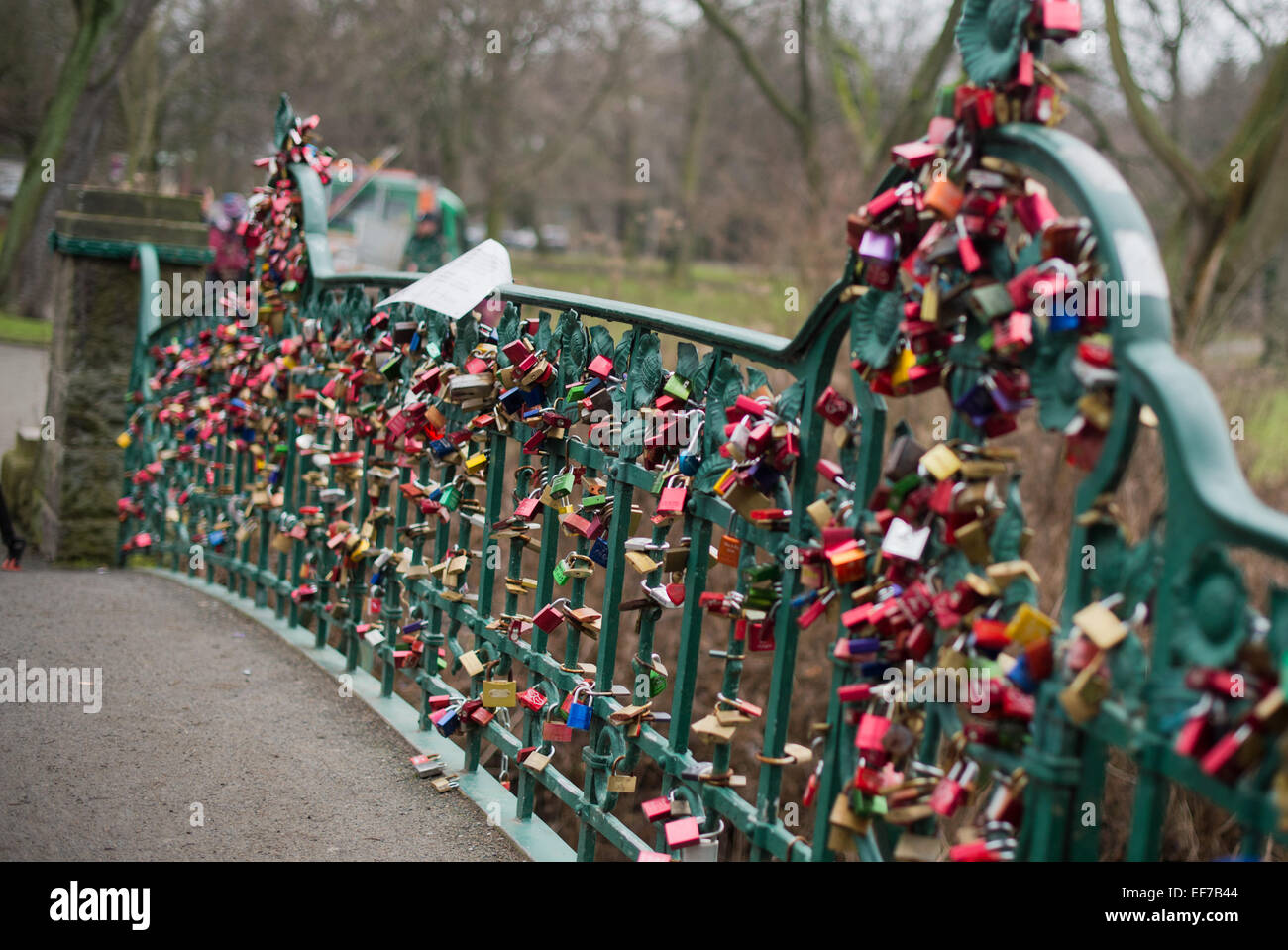 Hannover, Germania. 28 gen, 2015. "L'amore" blocca appendere su un ponte in Maschpark vicino al nuovo municipio di Hannover, Germania, 28 gennaio 2015. Circa un migliaio di serrature, gli appassionati che hanno appeso lì a simboleggiare l'amore eterno, sono stati rimossi da un ponte sotto un ordine di conservazione di Hannover. Il motivo per la rimozione è un notevole danno alla ringhiera di metallo, che è decorato con lasciare e ornamenti floreali. Foto: JULIAN STRATENSCHULTE/dpa/Alamy Live News Foto Stock