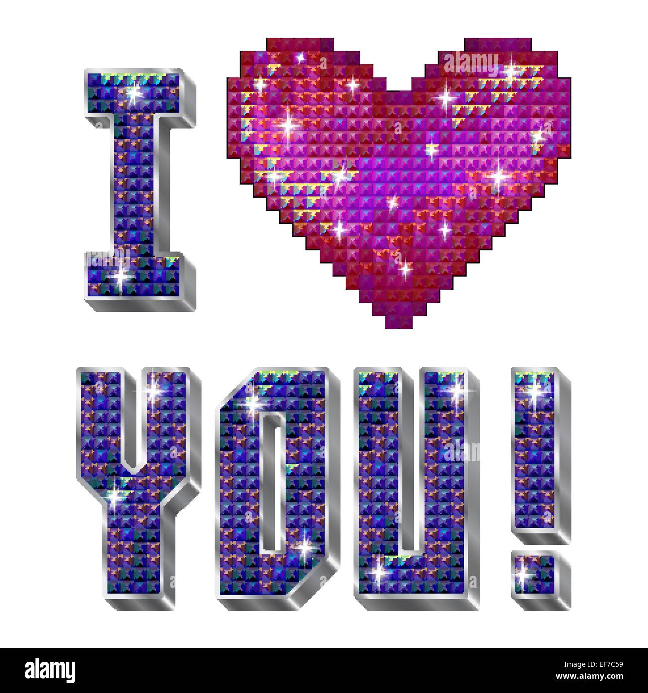 Iscrizione del vettore ti amo con rosso lucido cuore di strass e volume lettere,isolati su sfondo bianco Illustrazione Vettoriale