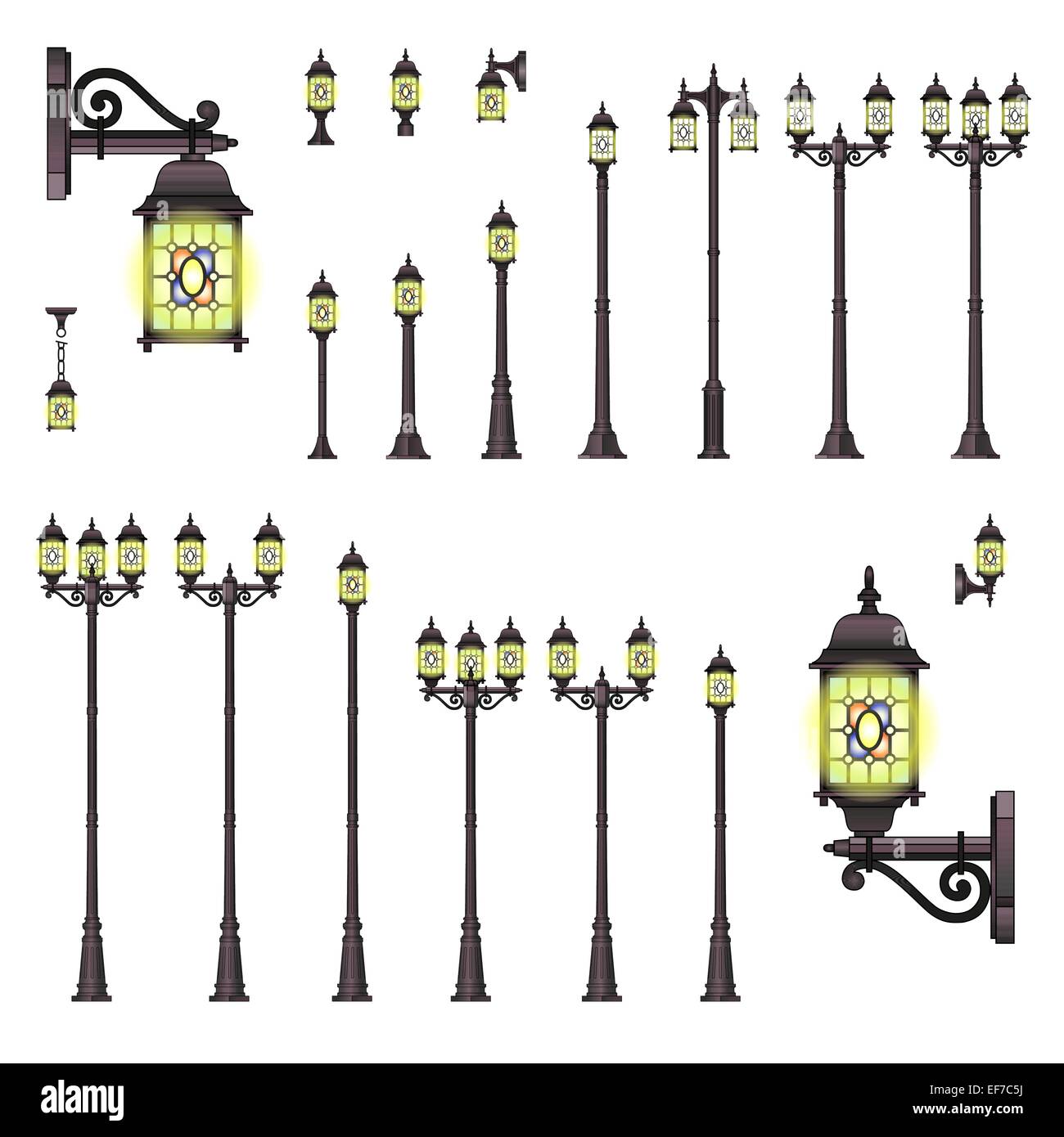 Set di vettore di strada isolato lanterne in stile vintage con diversi tipi di supporti e openwork contorti dettagli Illustrazione Vettoriale