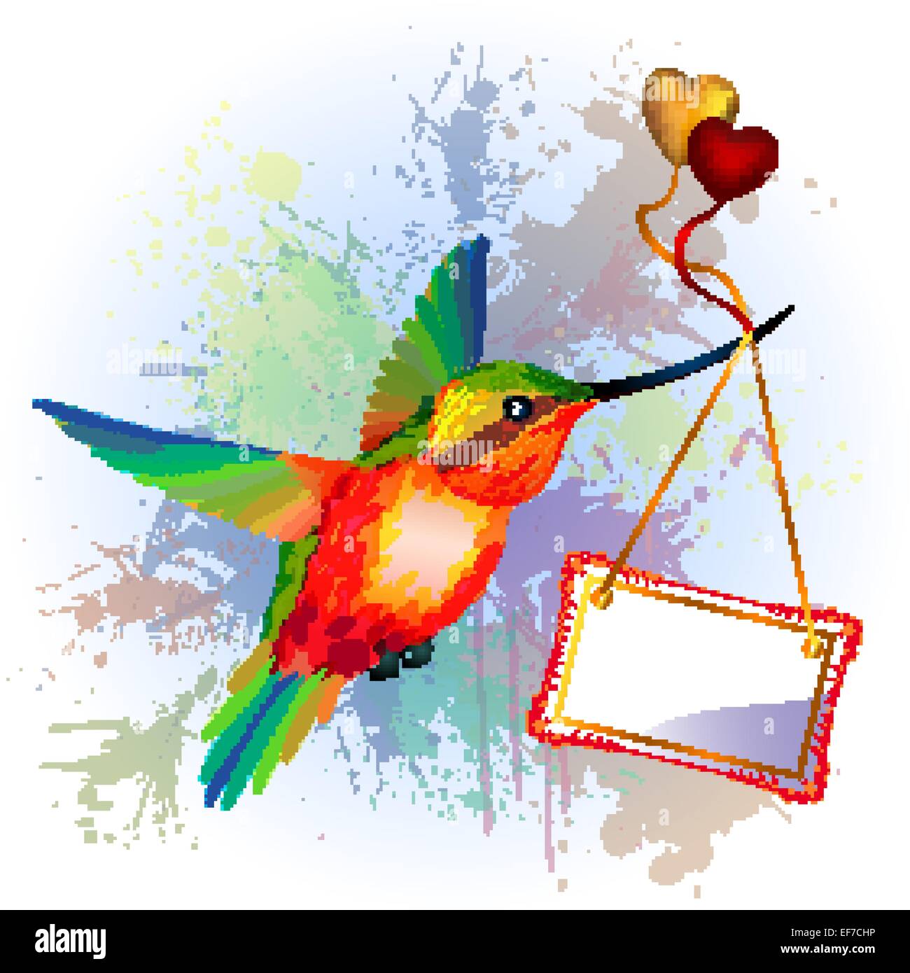 Rainbow colibrì con la carta per il testo, oro e cuori rossi, sullo sfondo splash Illustrazione Vettoriale