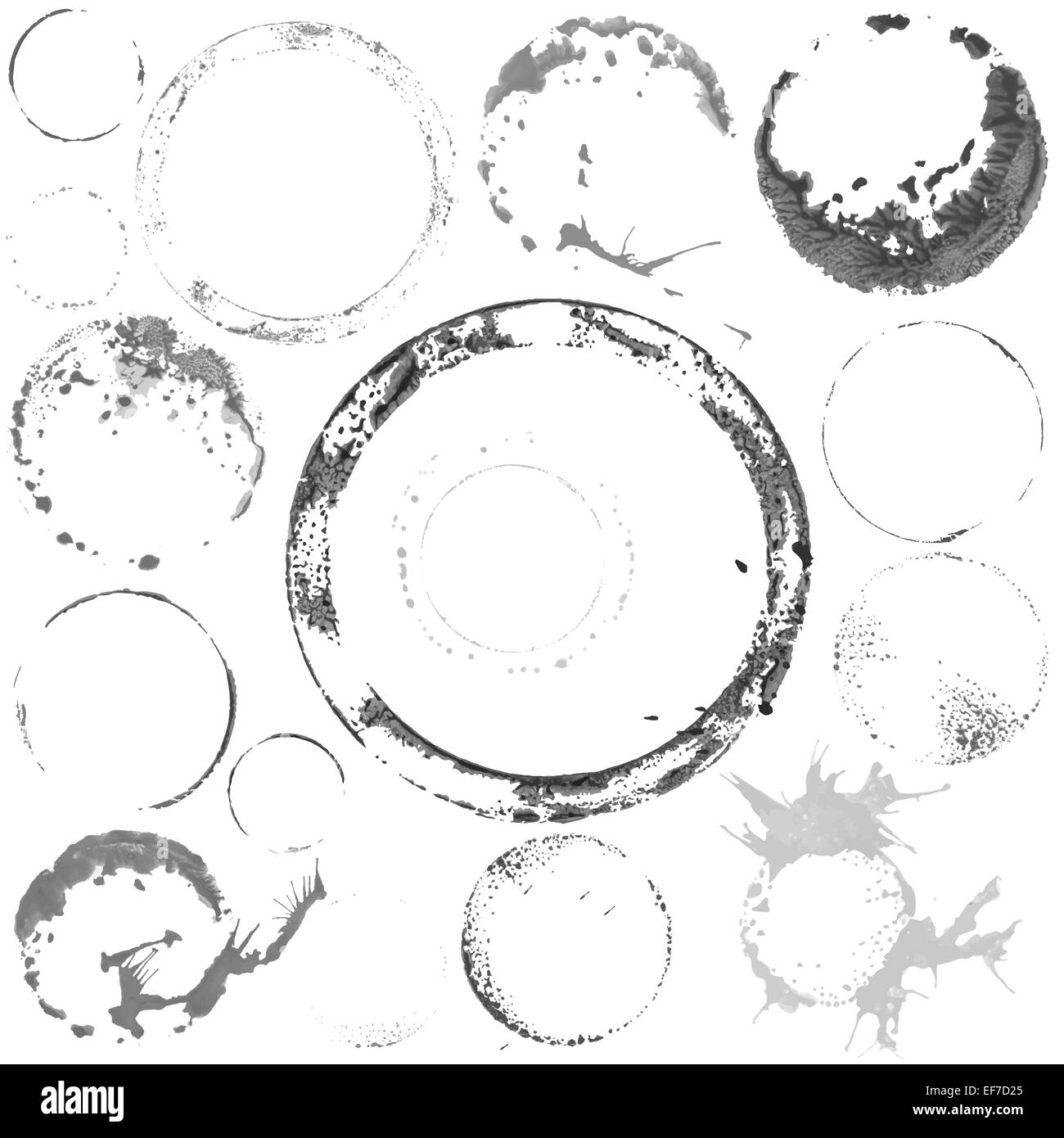 Set di vettore di nero e di bianco Grunge acquerello cerchi di vernice timbri Illustrazione Vettoriale