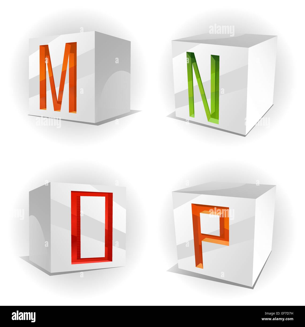 Vettore 3D volume alfabeto con rosso lucido, verde e arancione lettere in cubetti di carta lettere,M,N,O,P Illustrazione Vettoriale