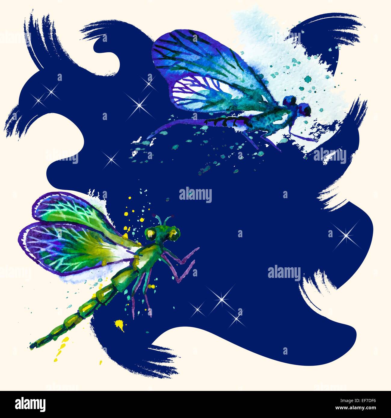 Vector grunge sfondo carbone con belle acquerello flying blue e verde libellule sul profondo blu acqua Illustrazione Vettoriale