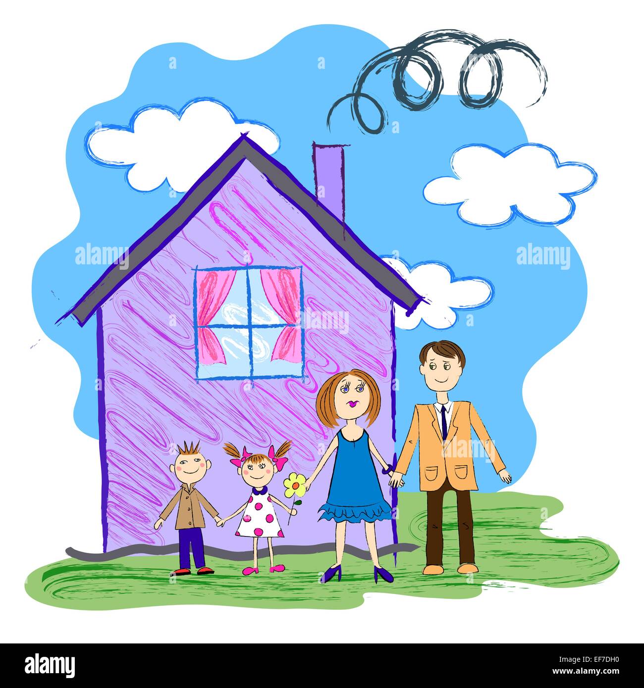 Crayon vettore bambini disegno con una famiglia felice, padre, madre e figli con casa Illustrazione Vettoriale