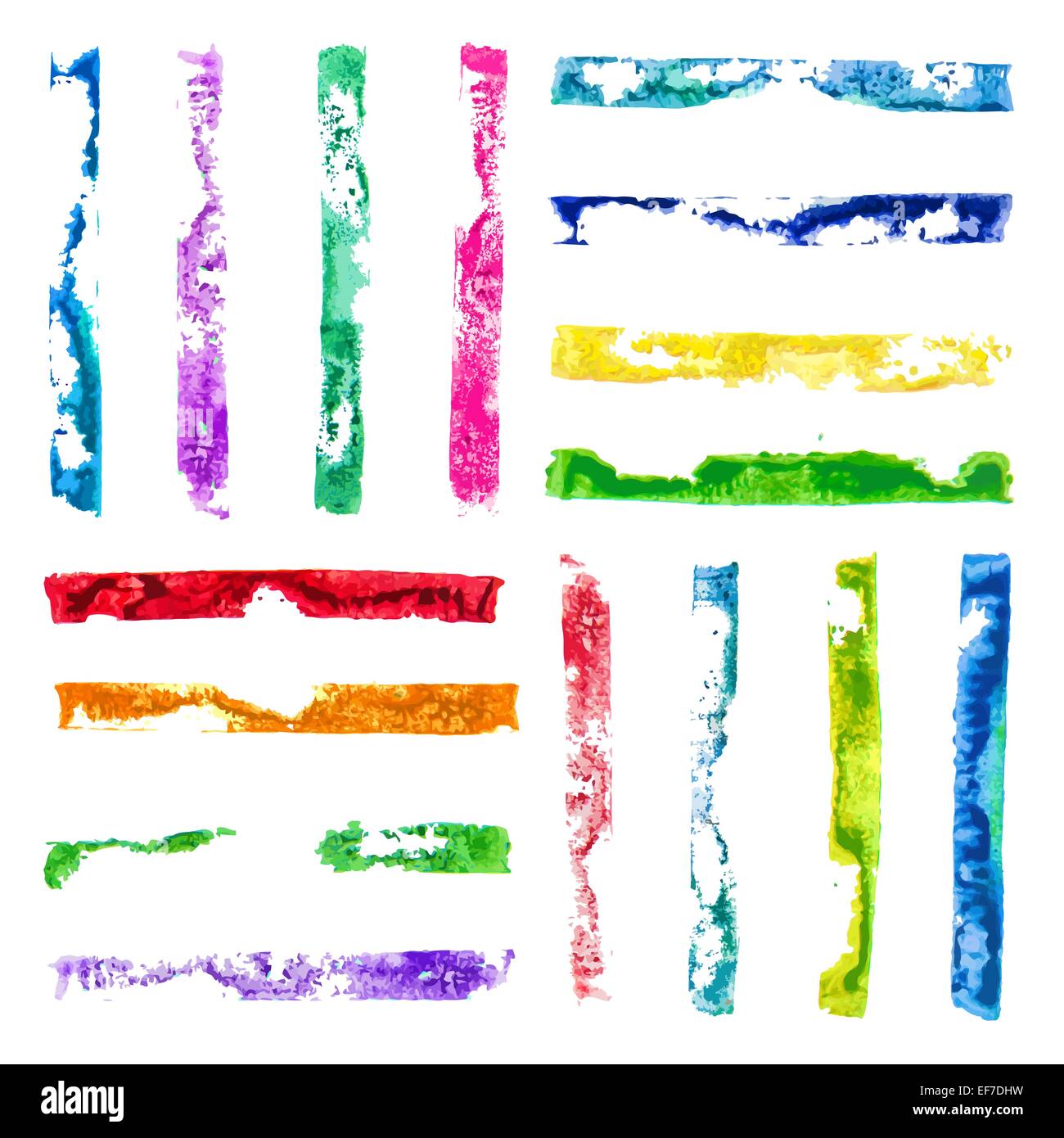 Vettore insieme multicolore di grunge acquerello rettangolare timbri di vernice Illustrazione Vettoriale