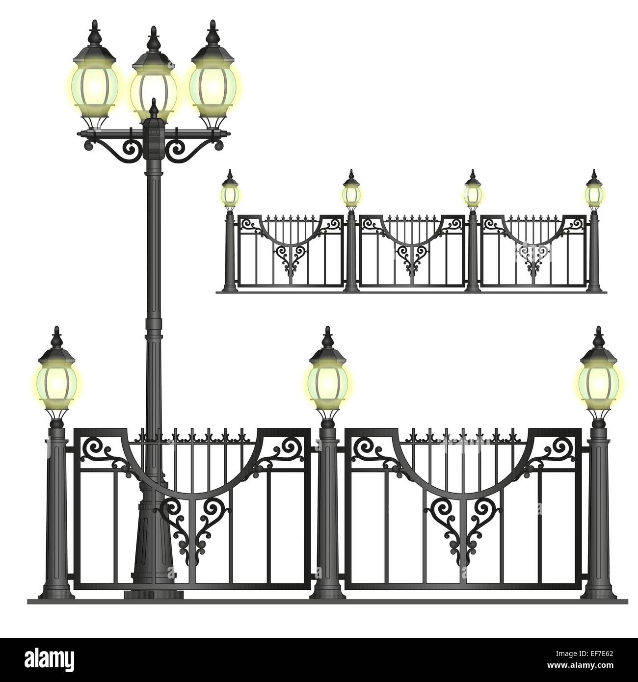 Vettore caric il sistemaare nero street recinto con lanterne con openwork dettagli convoluto Illustrazione Vettoriale