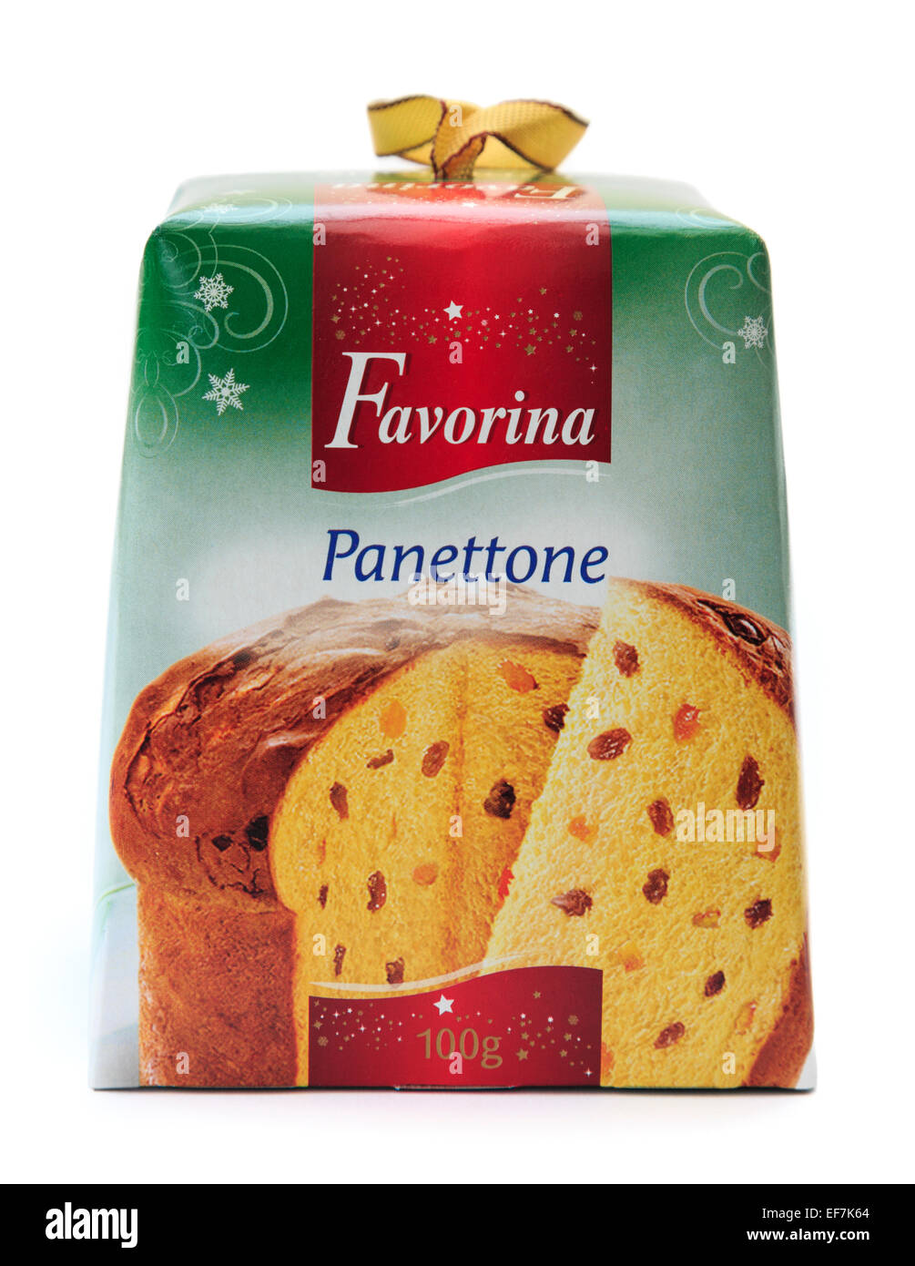 Panettone in box italiano frutto di Natale torta di pane da Favorina tagliati fuori e isolato su uno sfondo bianco Foto Stock
