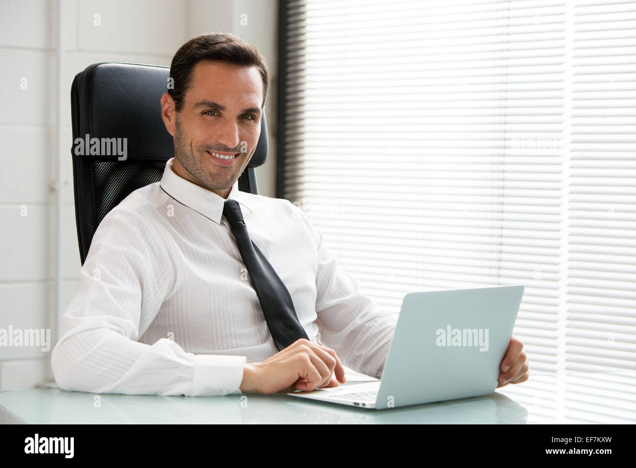 Mezza lunghezza ritratto ofa imprenditore maschio, sorridente alla fotocamera e a lavorare con un computer portatile Foto Stock