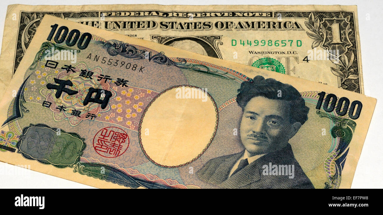 Yen giapponese e dollaro Usa Banconote Foto Stock