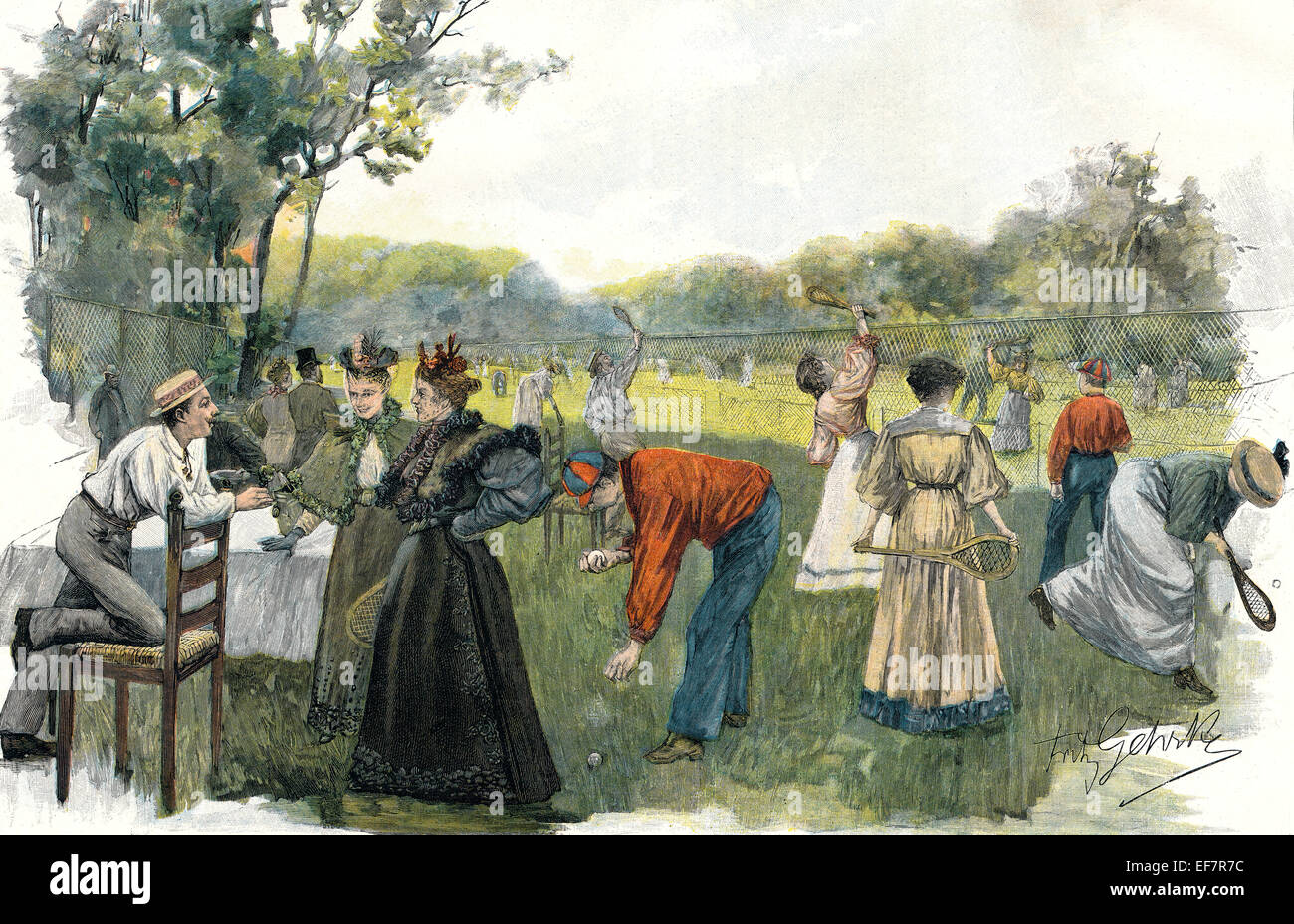 Lawn Tennis al Spatown di Bad Homburg, secolo XIX, Germania, Europa Rasentennis a Bad Homburg, 19. Jahrhundert, Deutschl Foto Stock