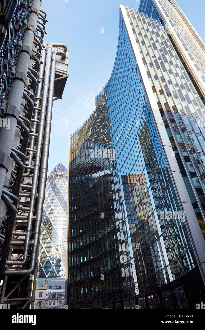 L'edificio Willis, il Lloyds Building e il Gherkin a Londra in Inghilterra Foto Stock L'edificio Willis, il Lloyds Building e il Gherkin a Londra in Inghilterra Foto Stock