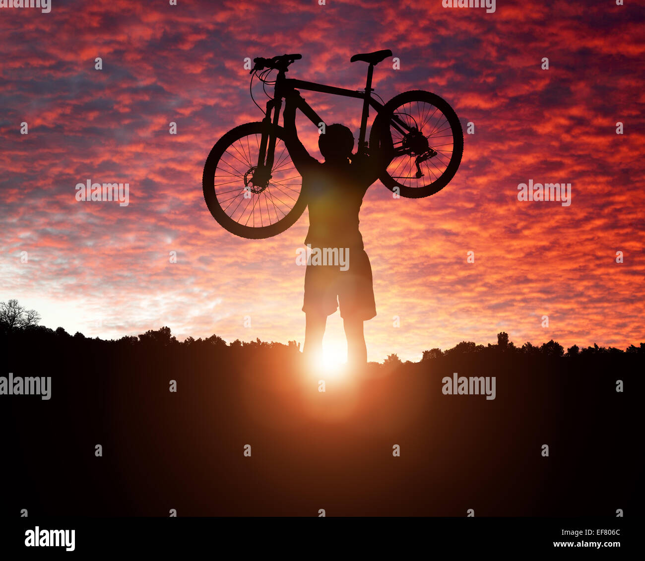 Mountain Biker silhouette contro il concetto di tramonto per conseguimento, conquistando le avversità e di esercizio Foto Stock