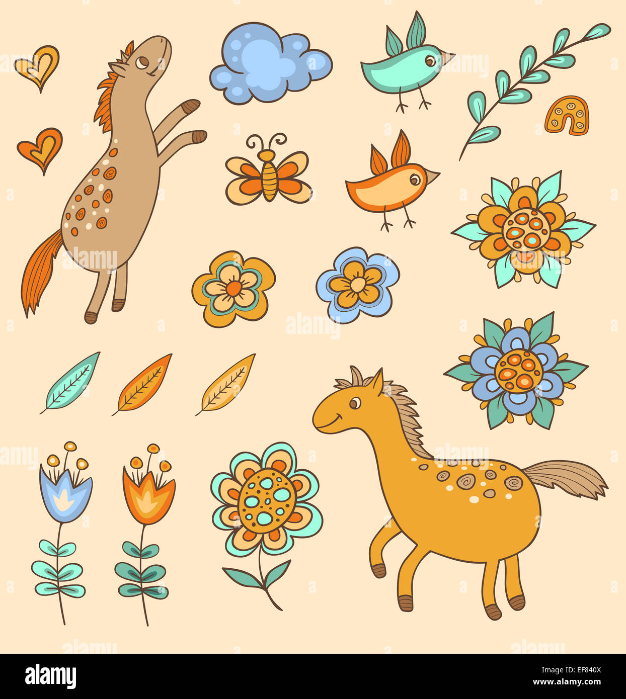Set di doodle gli elementi di design, cavalli, fiori e uccelli Foto Stock