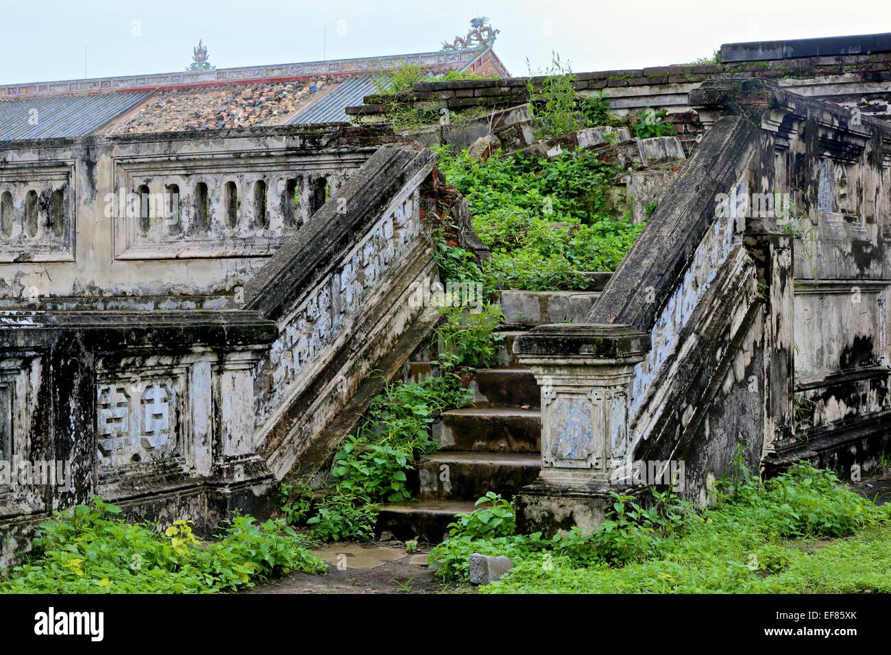 Scala sovrastata e tetto danneggiato all'interno della città imperiale Hue, Vietnam Foto Stock