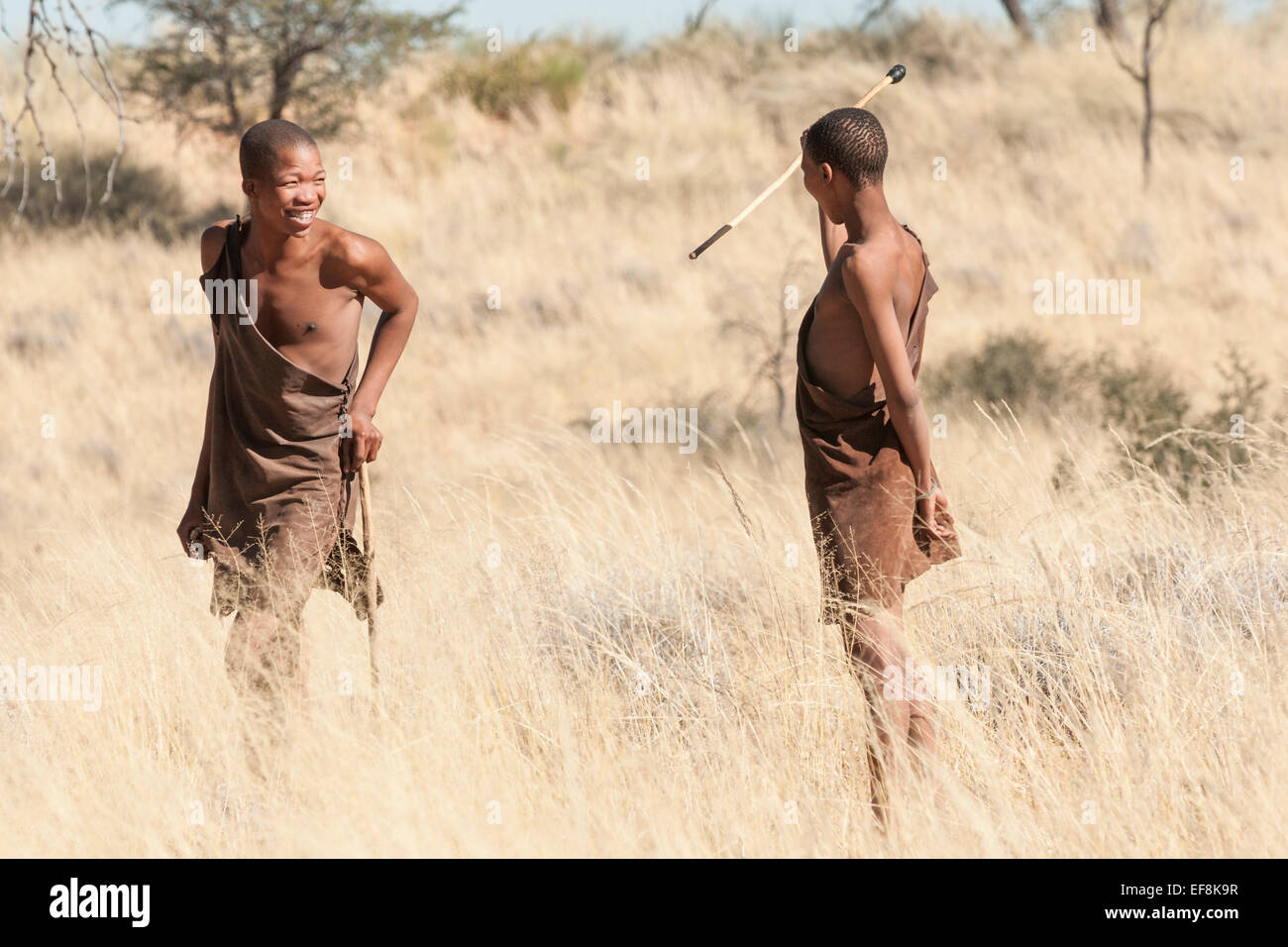 Due giovani boscimane in pelle da indossare le pelli degli animali di condividere una risata durante una battuta di caccia nelle alte erbe del Kalahari, Namibia, Africa Foto Stock