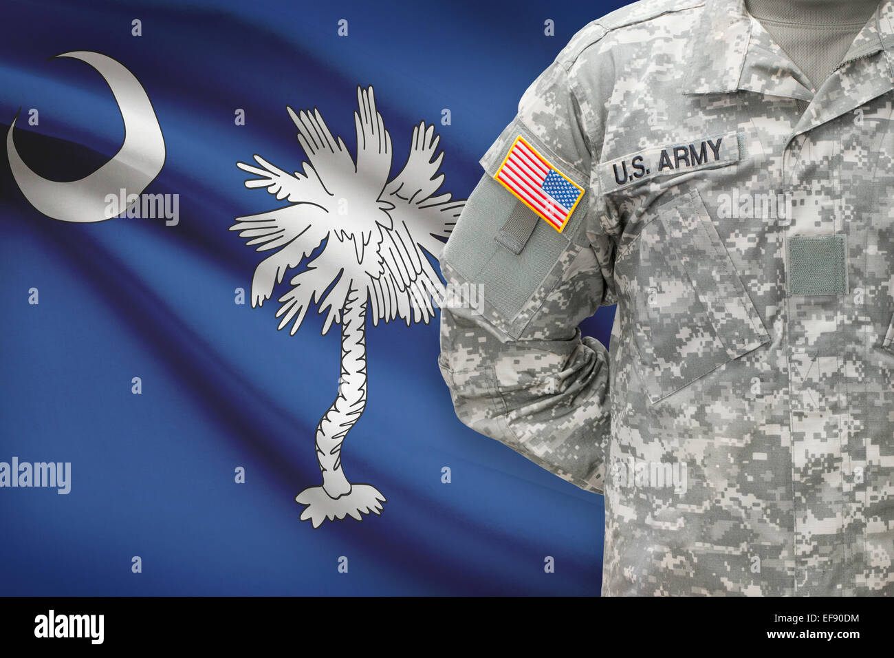 Soldato americano con noi bandiera di stato sullo sfondo - Carolina del Sud Foto Stock