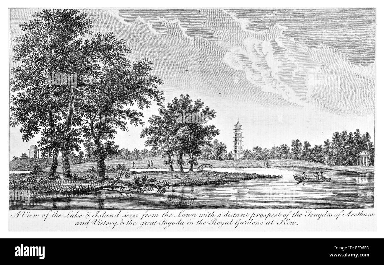 Incisione su rame 1776 bellezze paesaggistiche Inghilterra più eleganti magnifici edifici pubblici.Grande Pagoda Kew Tempio Arethusa Foto Stock
