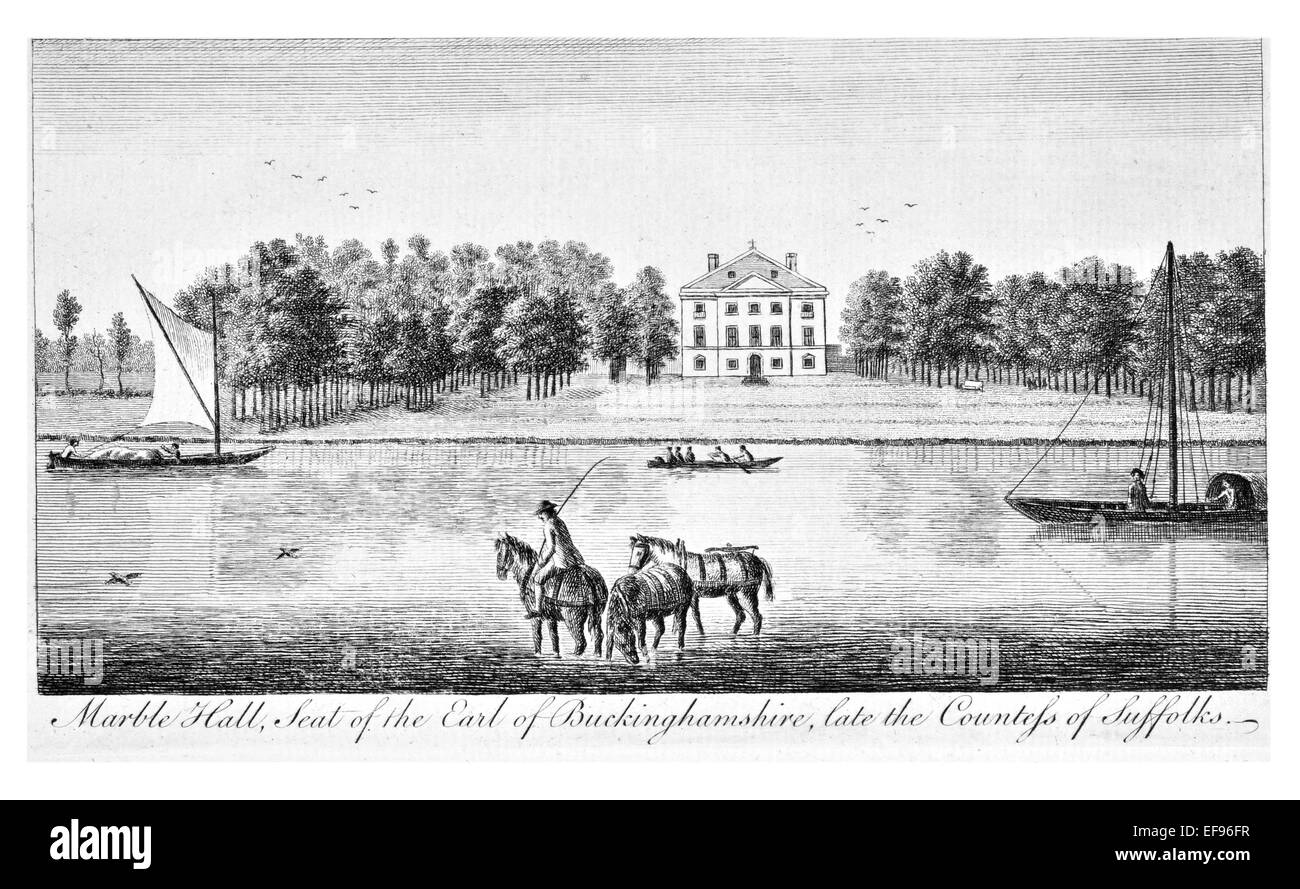 Incisione su rame 1776 bellezze paesaggistiche Inghilterra più eleganti magnifici edifici pubblici.Marble Hall sede earl Buckinghamshire Foto Stock