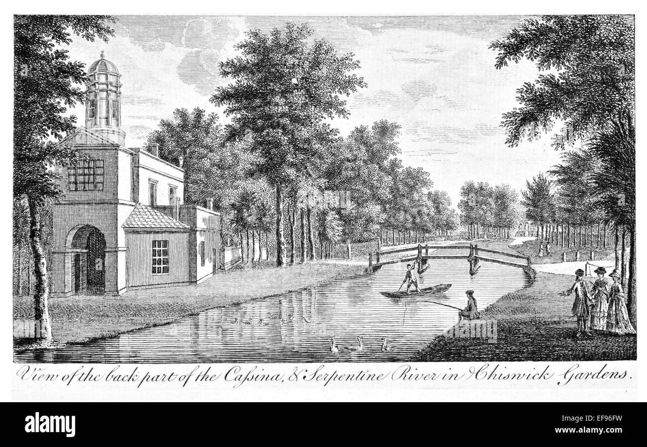 Incisione su rame 1776 bellezze paesaggistiche Inghilterra più eleganti magnifici edifici pubblici. Fiume a serpentina Chiswick Gardens Foto Stock
