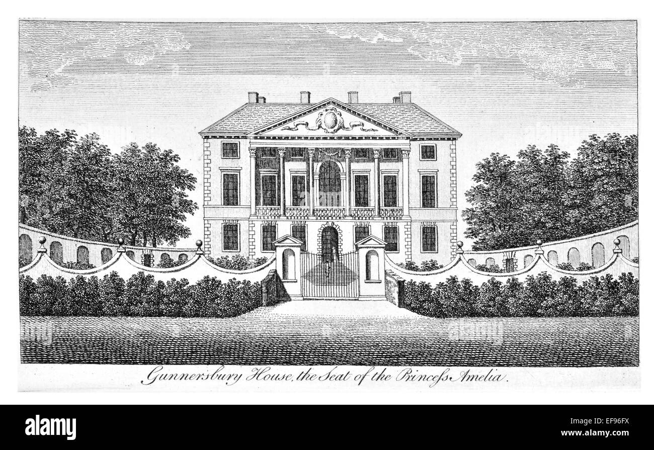 Incisione su rame 1776 bellezze paesaggistiche Inghilterra più eleganti magnifici edifici pubblici. Gunnersbury house princess Amelia Foto Stock