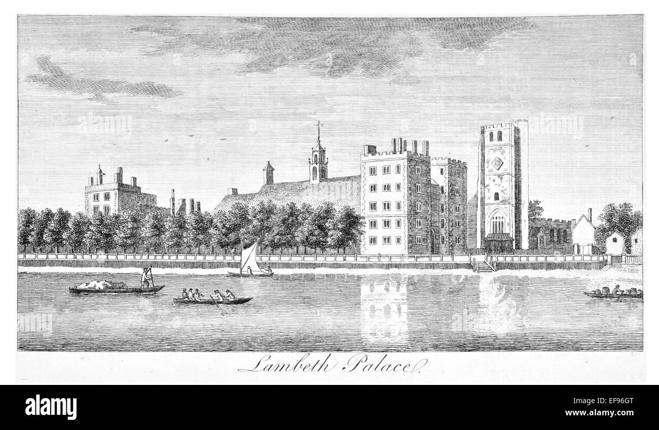 Incisione su rame 1776 bellezze paesaggistiche Inghilterra più eleganti magnifici edifici pubblici. Lambeth Palace Tamigi Foto Stock