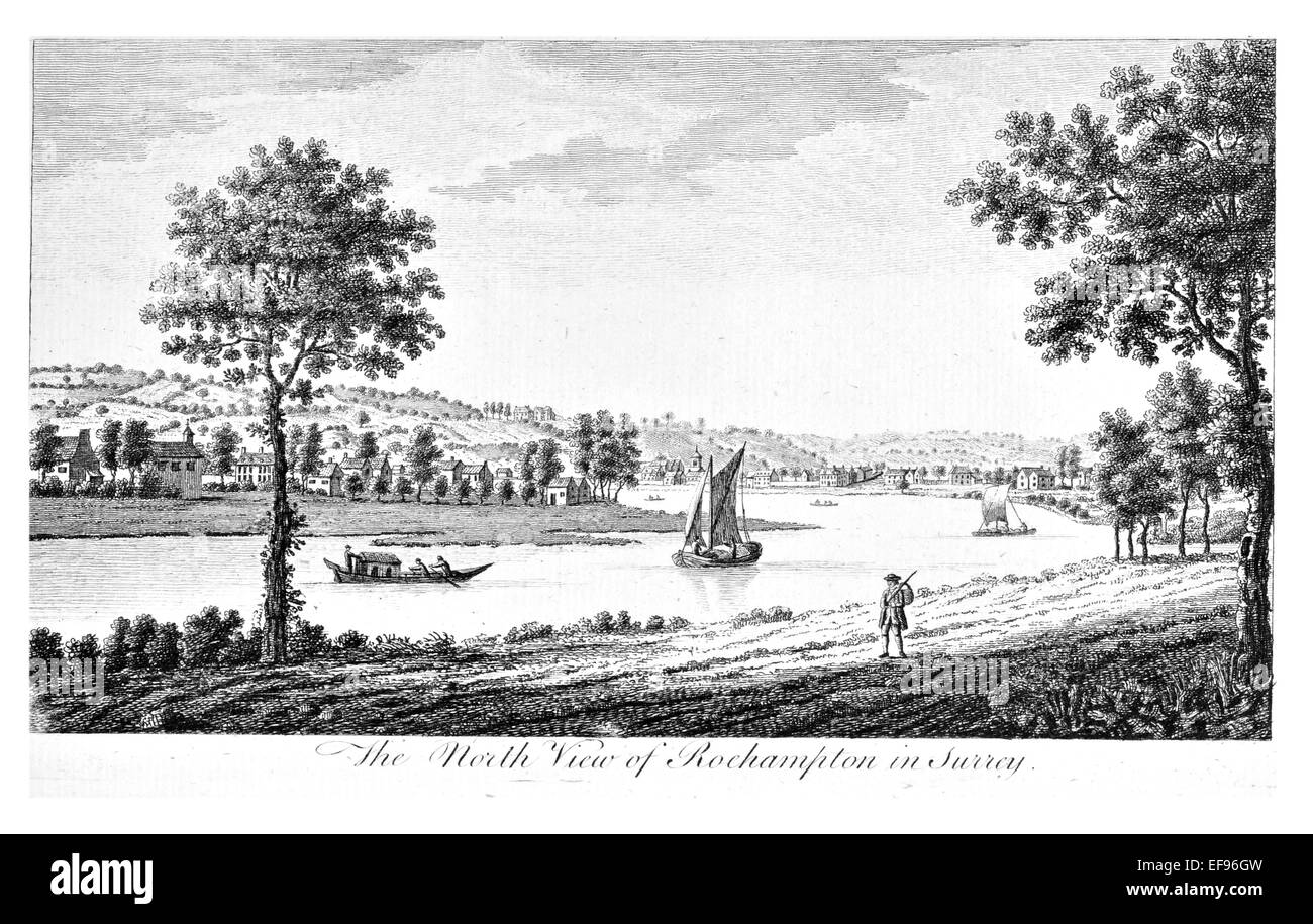 Incisione su rame 1776 bellezze paesaggistiche Inghilterra più eleganti magnifici edifici pubblici. Rochampton Surrey river Foto Stock