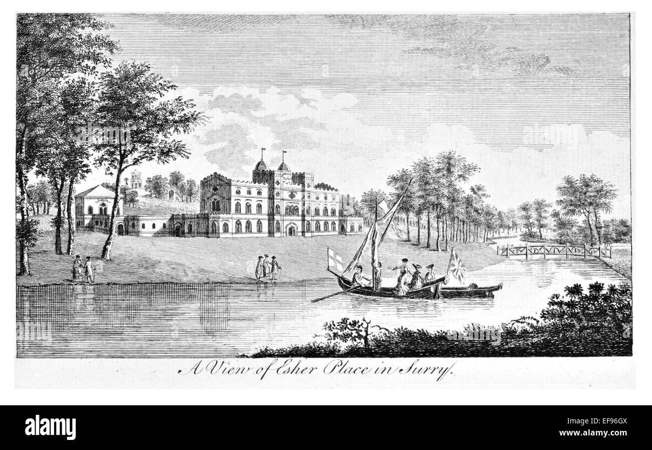 Incisione su rame 1776 bellezze paesaggistiche Inghilterra più eleganti magnifici edifici pubblici.Esher luogo country house Surrey Foto Stock