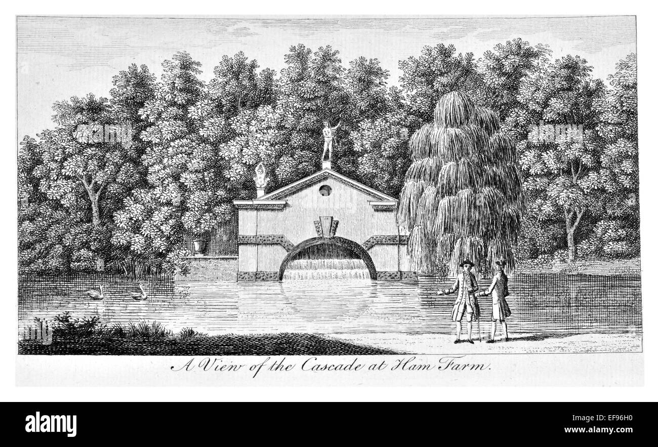 Incisione su rame 1776 bellezze paesaggistiche Inghilterra più eleganti magnifici edifici pubblici.cascata fattoria di prosciutto Foto Stock
