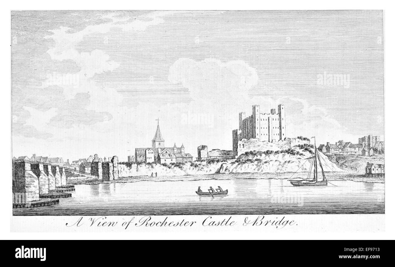 Incisione su rame 1776 bellezze paesaggistiche Inghilterra più eleganti magnifici edifici pubblici.Rochester Castle ponte fiume Medway Foto Stock