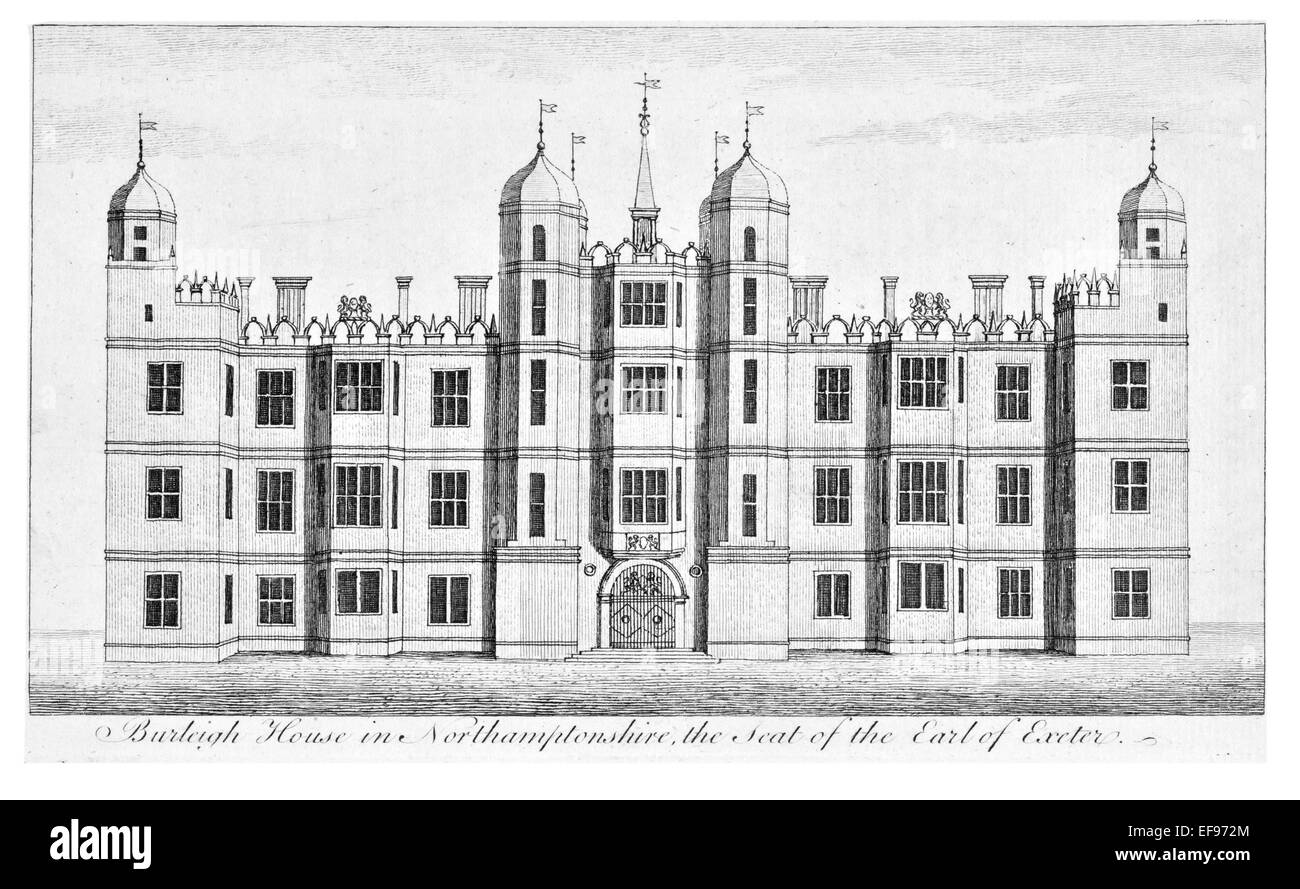 Incisione su rame 1776 bellezze paesaggistiche Inghilterra più eleganti magnifici edifici pubblici. Tubo flessibile di Burleigh Northamptonshire sede Foto Stock