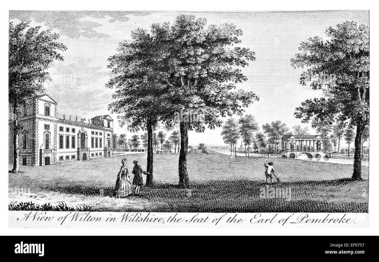 Incisione su rame 1776 bellezze paesaggistiche più eleganti magnifici edifici pubblici Wilton House Wiltshire sede Earl Pembroke Foto Stock