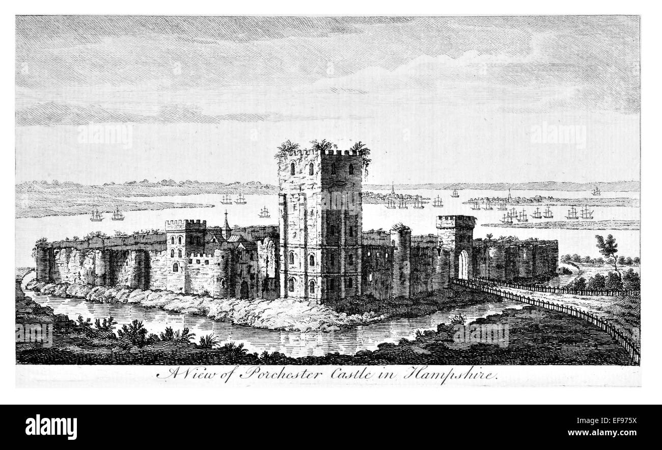Incisione su rame 1776 bellezze paesaggistiche più eleganti magnifici edifici pubblici Porchester Castello medievale Hampshire. Foto Stock
